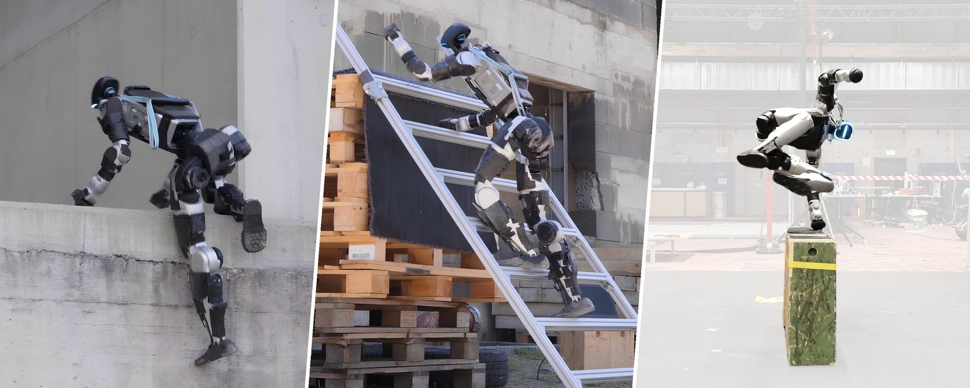 Humanoid robots climbing a wall, a ladder, and leaping onto a box